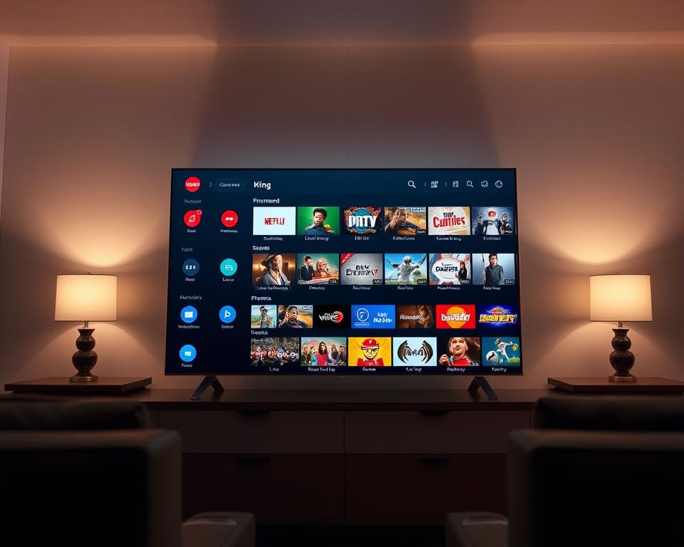 A beautifully designed and intuitive user interface for the King IPTV streaming service. In the foreground, a sleek and modern dashboard with vivid icons and clear categorization of content. In the middle ground, a large widescreen display showcasing the rich variety of live TV channels, on-demand movies, and premium sports coverage. In the background, a subtle gradient or elegant geometric pattern that complements the refined aesthetics. Soft, diffused lighting creates a warm and inviting ambiance, while the camera angle captures the interface from a slightly elevated perspective, giving a sense of authority and control. The overall impression is one of a powerful yet user-friendly platform that caters to the discerning tastes of the modern IPTV enthusiast. A beautifully designed and intuitive user interface for the King IPTV streaming service. In the foreground, a sleek and modern dashboard with vivid icons and clear categorization of content. In the middle ground, a large widescreen display showcasing the rich variety of live TV channels, on-demand movies, and premium sports coverage. In the background, a subtle gradient or elegant geometric pattern that complements the refined aesthetics. Soft, diffused lighting creates a warm and inviting ambiance, while the camera angle captures the interface from a slightly elevated perspective, giving a sense of authority and control. The overall impression is one of a powerful yet user-friendly platform that caters to the discerning tastes of the modern IPTV enthusiast.