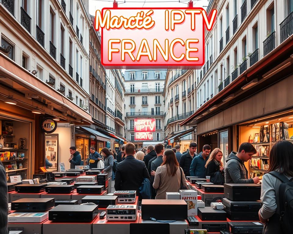 A bustling French marketplace with an array of IPTV-enabled devices displayed prominently. Customers perusing the stalls, examining the latest set-top boxes and streaming dongles. Overhead, a vibrant neon sign reading "Marché IPTV France" casts a warm glow across the scene. In the background, the facades of traditional Parisian buildings provide a picturesque urban backdrop. Soft, diffused lighting creates a welcoming atmosphere, highlighting the modern tech amidst the historic setting. A sense of excitement and discovery permeates the tableau, capturing the thrill of accessing French television through innovative IPTV solutions.