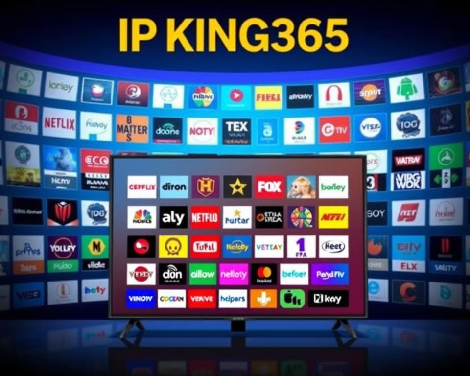 A cinematic illustration of a dynamic TV streaming platform, with rows of vibrant channel logos arranged in a visually striking grid. The foreground features a sleek, modern television set displaying the IPTV King365 interface, its screen reflecting the diverse content options. The middle ground showcases a variety of popular channel icons, each with a distinct visual identity, while the background depicts a stylized cityscape or landscape, suggesting the global reach and accessibility of the streaming service. The overall composition conveys a sense of technological sophistication, entertainment diversity, and a user-friendly experience, aligning with the article's focus on "Les chaînes TV disponibles sur l'IPTV King365".