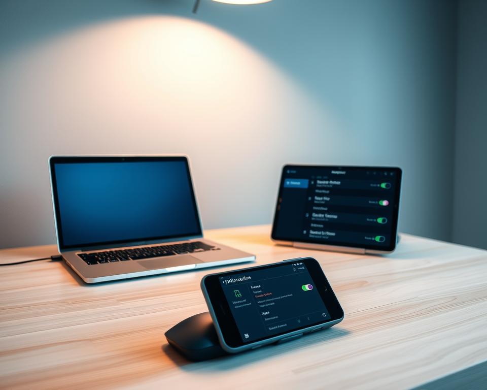 A clean, minimalist office setup with a laptop, mouse, and a mobile device displaying an IPTV interface. The desk is made of light-colored wood, and the background features muted tones of gray and blue, creating a calm and focused atmosphere. Soft, diffused lighting from above casts a warm glow, highlighting the optimization settings on the device screens. The composition emphasizes the interplay between technology and efficiency, conveying the idea of streamlining and enhancing the IPTV experience.