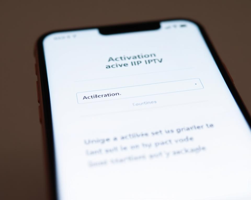 A closeup view of a smartphone screen displaying a IPTV service activation page. The screen shows a form with fields for entering a unique activation code or link, as well as options for selecting a subscription plan or package. The interface has a clean, modern design with a neutral color palette. The background is blurred, placing the focus on the activation process. Soft, even lighting illuminates the scene, creating a calm and professional atmosphere. The composition emphasizes the steps required to get started with the IPTV service, reflecting the "Comment obtenir et activer votre lien IPTV" section of the article.