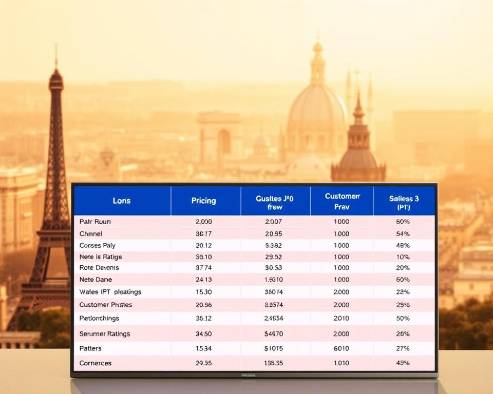 A comparative analysis of leading IPTV providers in France, showcased against a backdrop of the country's iconic landmarks. The foreground features a neatly organized table displaying key details of the top IPTV services, including pricing, channel selection, and customer ratings. The middle ground showcases silhouettes of the Eiffel Tower, Arc de Triomphe, and Notre-Dame Cathedral, representing the French setting. The background is a warm, golden-hued cityscape, evoking a sense of sophistication and modernity. Lighting is soft and diffused, creating a professional, editorial-style atmosphere. The overall composition emphasizes the comparative nature of the IPTV providers, guiding the viewer through the essential information needed to make an informed decision.