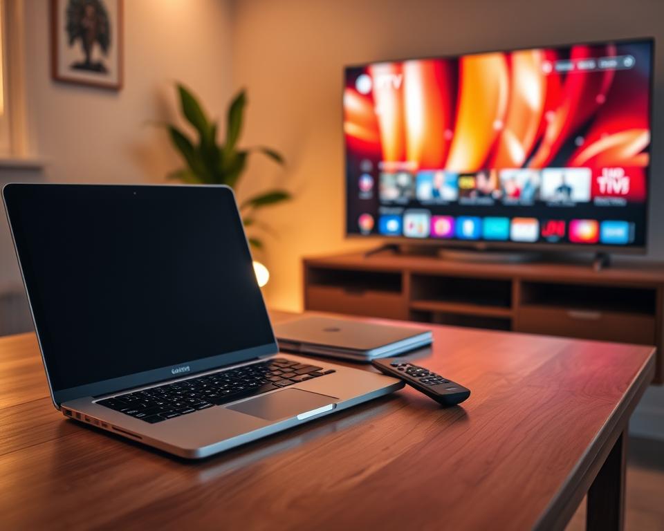 A cozy home office setup with a laptop, smartphone, and remote control prominently displayed on a wooden desk. The lighting is warm and inviting, casting a soft glow over the scene. In the background, a sleek TV screen shows a colorful IPTV interface, hinting at the vast content available through a subscription. The overall atmosphere conveys the convenience and entertainment benefits of an IPTV service, reflecting the advantages described in the article section.