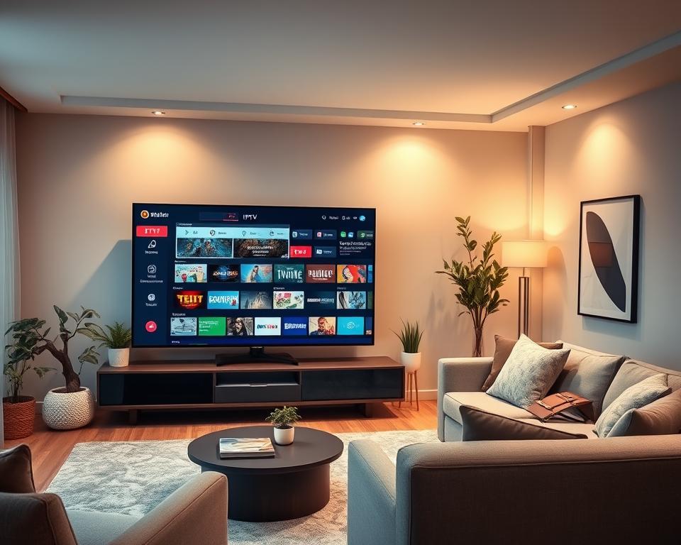 A cozy living room interior with a large flatscreen TV taking center stage. The TV displays a sleek, modern IPTV interface, showcasing a wide array of content options and seamless navigation. Soft, warm lighting creates a comfortable, inviting atmosphere, while a plush sofa and armchair suggest a relaxing viewing experience. Tasteful decor elements, such as potted plants and minimalist art, add to the contemporary, sophisticated ambiance. The overall scene conveys the convenience, entertainment value, and technological sophistication of IPTV for French television viewers.
