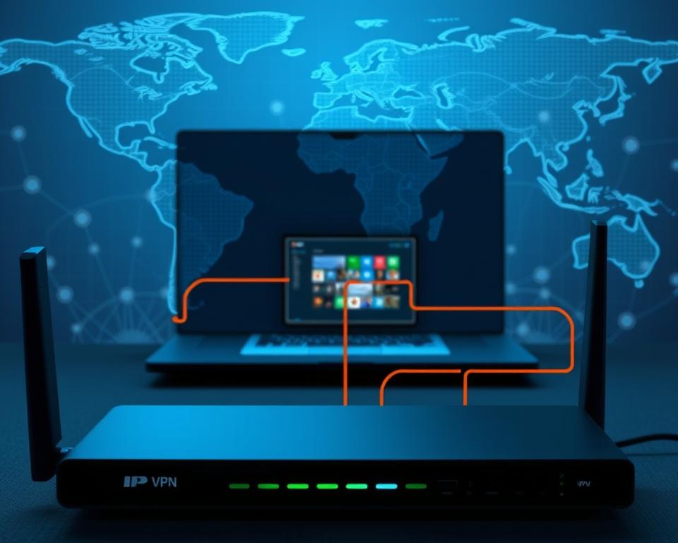 A detailed and technical diagram of a VPN configuration for IPTV streaming. The foreground shows a router or network device with VPN connection settings prominently displayed. The middle ground features a laptop or mobile device connected to the VPN, with an IPTV interface visible on the screen. The background depicts a global network map with data flow lines, illustrating the secure VPN tunnel routing traffic to bypass geographical restrictions. The scene is rendered in a technical, schematic style with a cool, subdued color palette, emphasizing the practical, functional nature of the VPN setup.