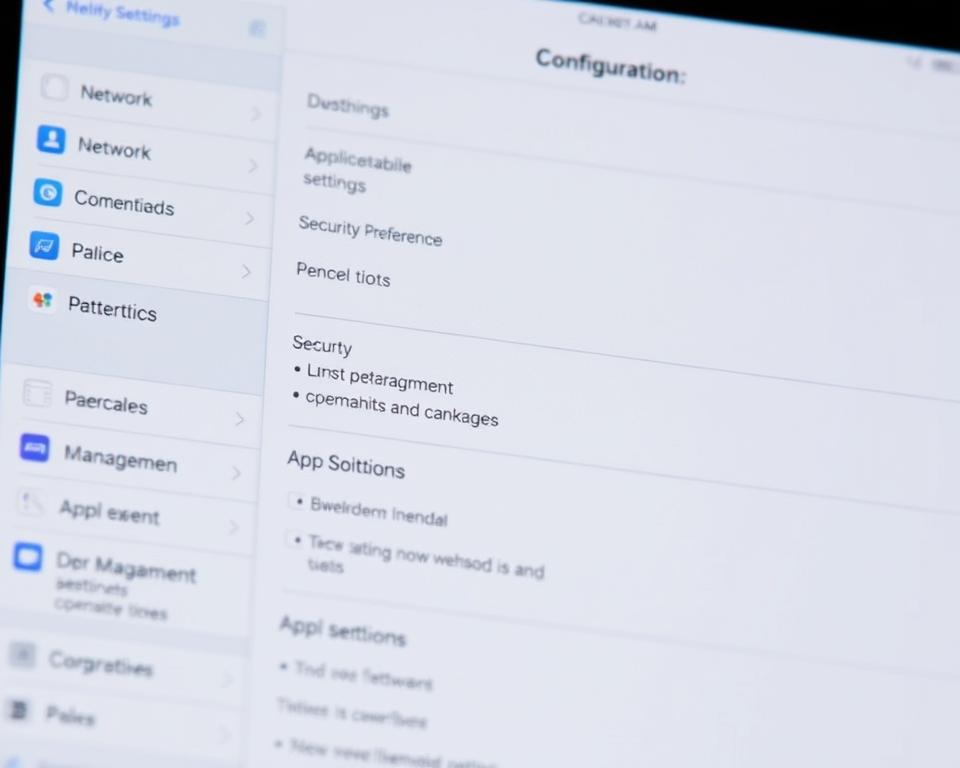 A detailed configuration screen for the iOS operating system, showcasing various options and settings. The interface features a clean, minimalist design with a subtle gradient background. The foreground displays various iOS menus and options, such as network settings, security preferences, and app management controls. The scene is well-lit, with a soft, natural lighting that illuminates the screen and creates a sense of depth. The angle is slightly angled, providing a clear and comprehensive view of the iOS configuration interface. The overall mood is one of functionality and control, reflecting the practical nature of configuring a mobile device.