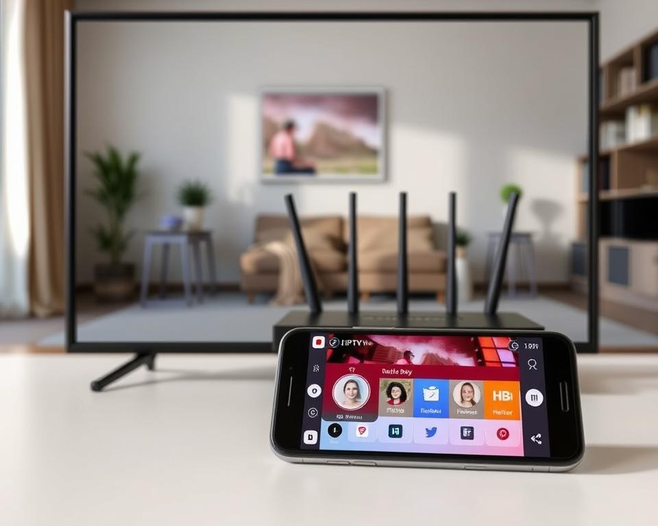 A detailed technical manual for setting up an IPTV application, with a clean, professional layout. The foreground shows the IPTV app interface on a sleek modern smartphone, displayed at a slight angle to showcase the user experience. The middle ground depicts various networking devices like a router and set-top box, demonstrating the necessary hardware components. The background features a minimalist interior with modern decor, conveying a sense of a tech-savvy home environment. The lighting is soft and natural, creating a calm, informative atmosphere. The overall composition should feel visually engaging yet straightforward, guiding the viewer through the installation process. A detailed technical manual for setting up an IPTV application, with a clean, professional layout. The foreground shows the IPTV app interface on a sleek modern smartphone, displayed at a slight angle to showcase the user experience. The middle ground depicts various networking devices like a router and set-top box, demonstrating the necessary hardware components. The background features a minimalist interior with modern decor, conveying a sense of a tech-savvy home environment. The lighting is soft and natural, creating a calm, informative atmosphere. The overall composition should feel visually engaging yet straightforward, guiding the viewer through the installation process.