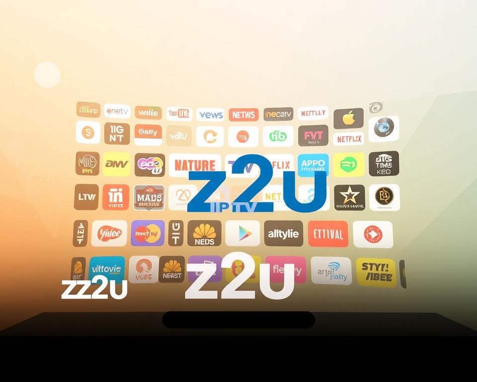 A detailed view of the z2u IPTV platform's channel lineup, showcasing a diverse array of content available to users. The image should have a clean, modern design with a warm, inviting color palette. In the foreground, prominently display the z2u logo along with a selection of channel icons representing the breadth of programming, such as news, movies, sports, and entertainment. In the middle ground, depict a grid-like arrangement of additional channel logos, subtly hinting at the expansive catalog. The background should convey a sense of technology and connectivity, with abstract shapes and patterns suggestive of streaming platforms and user interfaces. Utilize a soft, diffused lighting to create a visually appealing and professional-looking illustration. A detailed view of the z2u IPTV platform's channel lineup, showcasing a diverse array of content available to users. The image should have a clean, modern design with a warm, inviting color palette. In the foreground, prominently display the z2u logo along with a selection of channel icons representing the breadth of programming, such as news, movies, sports, and entertainment. In the middle ground, depict a grid-like arrangement of additional channel logos, subtly hinting at the expansive catalog. The background should convey a sense of technology and connectivity, with abstract shapes and patterns suggestive of streaming platforms and user interfaces. Utilize a soft, diffused lighting to create a visually appealing and professional-looking illustration.