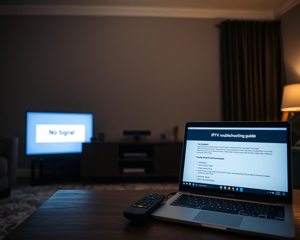 A dimly lit living room with a TV displaying a "No Signal" error message. On the coffee table, a remote control and a laptop showing an IPTV troubleshooting guide. The room has a sense of frustration and confusion, with the viewer drawn to the technical issues on the screens. Soft, warm lighting creates a cozy atmosphere, but the overall mood is one of problem-solving. The composition emphasizes the contrast between the modern technology and the traditional living space, hinting at the challenges of navigating IPTV setups.