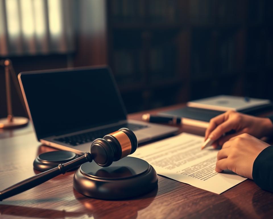 A dimly lit office setting, featuring a wooden desk with a laptop, legal documents, and a gavel. In the foreground, a person's hand signs an official-looking contract, conveying the idea of legal proceedings. The background is slightly blurred, but suggests a bookshelf or cabinet, hinting at the formal, administrative nature of the scene. The lighting is warm and subdued, creating a serious, contemplative atmosphere. The overall composition and attention to detail evoke the notion of the legal framework surrounding IPTV in France.
