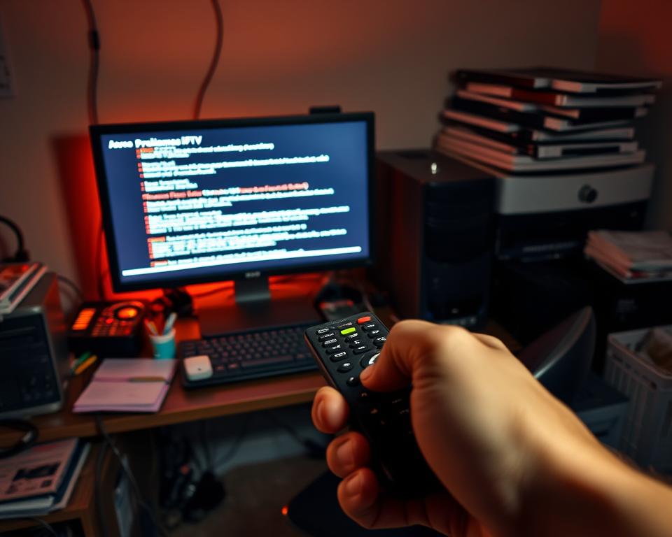 A dimly lit office setting, with a desktop computer, cables, and various office supplies scattered across the cluttered workspace. The monitor displays a series of error messages and glitches, symbolizing the "problèmes IPTV" faced by the user. The room is bathed in a warm, amber-hued lighting, creating a sense of frustration and technical difficulty. In the foreground, a hand holds a remote control, reflecting the user's attempt to troubleshoot the IPTV issues. The overall atmosphere conveys a sense of problem-solving and the need to overcome technical challenges.