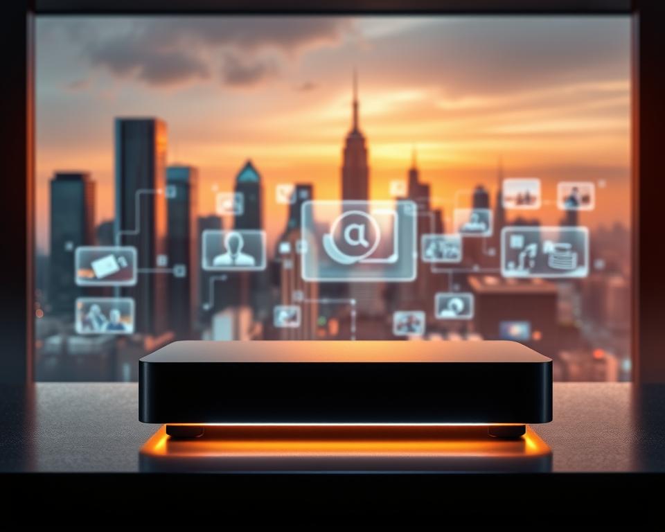 A futuristic scene depicting the innovations in IPTV technology. In the foreground, a sleek and modern IPTV set-top box with a minimalist design, casting a soft glow. In the middle ground, holographic displays showcase various IPTV services and content, seamlessly integrated into a smart home environment. The background features a cityscape with towering skyscrapers, symbolizing the advancements in infrastructure and connectivity that enable the future of IPTV. The lighting is a balanced mix of warm and cool tones, creating a sense of technological progress and innovation. The overall atmosphere is one of excitement and anticipation for the emerging possibilities of IPTV.