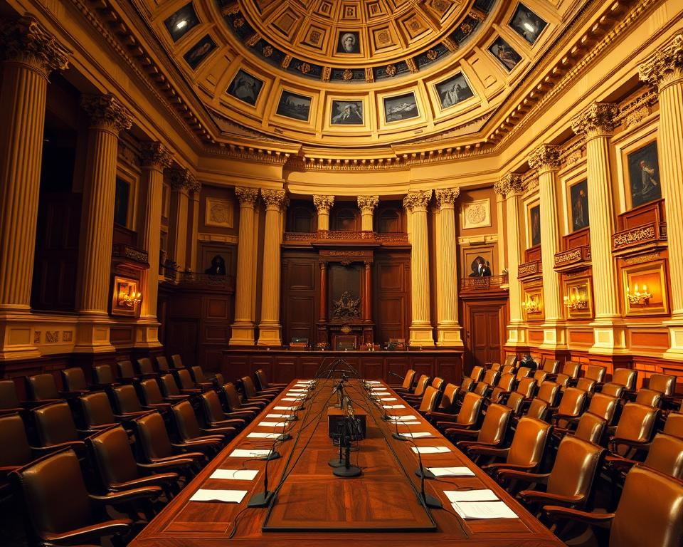 A high-angle, wide-angled shot of a French legislative chamber, bathed in warm, golden lighting. The ornate, neo-classical architecture features grand columns, intricate moldings, and a domed ceiling. In the foreground, a long wooden table is adorned with microphones and papers, evoking a sense of formal proceedings. Scattered around the chamber are rows of plush, leather-upholstered chairs, hinting at the gravity of the discussions taking place. The overall atmosphere conveys a sense of tradition, authority, and the weight of legislative decision-making, suitable for visualizing the legal considerations surrounding IPTV in France.
