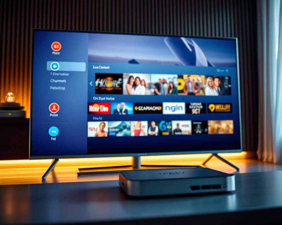 A high-fidelity, photorealistic interface of an iron iptv system, displayed on a sleek, modern television screen. The foreground features the main menu with intuitive icons and a clean, minimalist design. The middle ground showcases a curated selection of live channels and on-demand content, with vibrant thumbnails and crisp, high-definition video previews. In the background, a soft, atmospheric lighting creates a warm, inviting ambiance, complementing the cool, metallic tones of the iron iptv hardware. The entire scene is captured with a shallow depth of field, lending a professional, cinematic quality to the image. A high-fidelity, photorealistic interface of an iron iptv system, displayed on a sleek, modern television screen. The foreground features the main menu with intuitive icons and a clean, minimalist design. The middle ground showcases a curated selection of live channels and on-demand content, with vibrant thumbnails and crisp, high-definition video previews. In the background, a soft, atmospheric lighting creates a warm, inviting ambiance, complementing the cool, metallic tones of the iron iptv hardware. The entire scene is captured with a shallow depth of field, lending a professional, cinematic quality to the image.