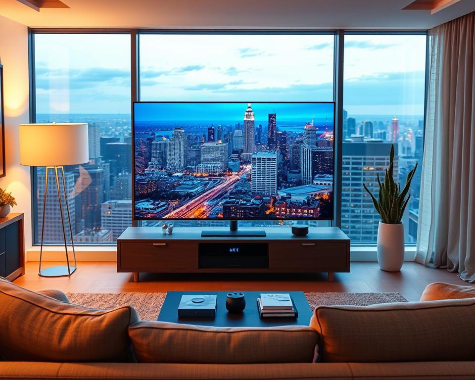 A high-quality IPTV experience showcased through a sleek and modern living room setup. In the foreground, a 4K smart TV displays a vibrant, crystal-clear image with no visible pixelation or artifacts. Soft, warm lighting illuminates the scene, casting a cozy ambiance. In the middle ground, a sophisticated entertainment system with seamless streaming capabilities takes center stage, complemented by tasteful decor and minimalist furnishings. The background features a large window overlooking a picturesque urban skyline, hinting at the boundless possibilities of IPTV technology. The overall atmosphere conveys a sense of refined elegance and technological sophistication, perfectly aligning with the subject of optimizing IPTV streaming quality.