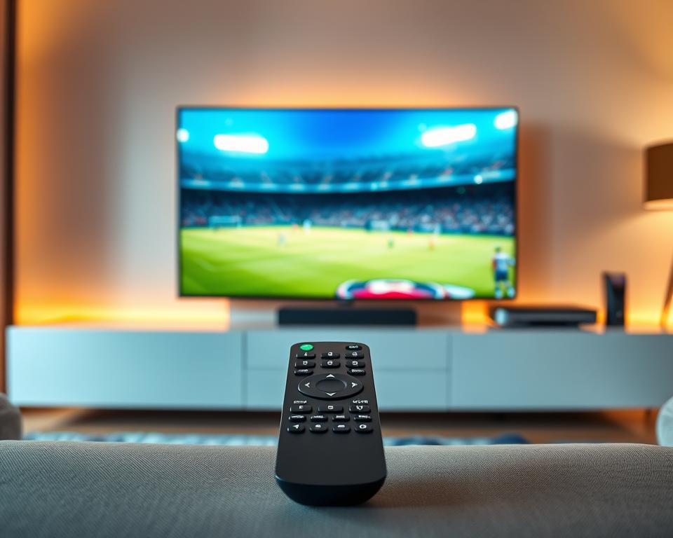 A high-quality IPTV service with advanced features, showcased in a sleek and modern visual. In the foreground, a smart TV screen displays a vibrant and crisp live sports event, reflecting the excellent video quality. In the middle ground, a minimalist remote control symbolizes the user-friendly interface and customization options. The background depicts a stylish home entertainment setup, with a soundbar, gaming console, and other connected devices, hinting at the comprehensive ecosystem. The scene is illuminated by warm, soft lighting, creating an inviting and premium atmosphere. The overall composition conveys the sophistication and reliability of a premier IPTV provider.