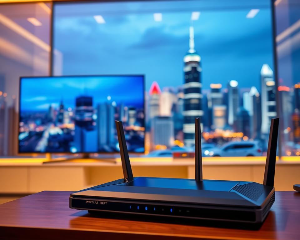 A high-quality IPTV stream optimized for exceptional viewing experience. In the foreground, a modern smart TV displaying a crisp, high-definition image. The middle ground showcases a sleek, high-tech router with advanced networking capabilities, symbolizing the optimized infrastructure. In the background, a vibrant cityscape with skyscrapers and glowing lights, representing the global reach and connectivity of the IPTV service. The scene is bathed in a warm, inviting lighting, conveying a sense of comfort and satisfaction. The overall atmosphere exudes a sophisticated, technologically advanced, and visually stunning ambiance. A high-quality IPTV stream optimized for exceptional viewing experience. In the foreground, a modern smart TV displaying a crisp, high-definition image. The middle ground showcases a sleek, high-tech router with advanced networking capabilities, symbolizing the optimized infrastructure. In the background, a vibrant cityscape with skyscrapers and glowing lights, representing the global reach and connectivity of the IPTV service. The scene is bathed in a warm, inviting lighting, conveying a sense of comfort and satisfaction. The overall atmosphere exudes a sophisticated, technologically advanced, and visually stunning ambiance.