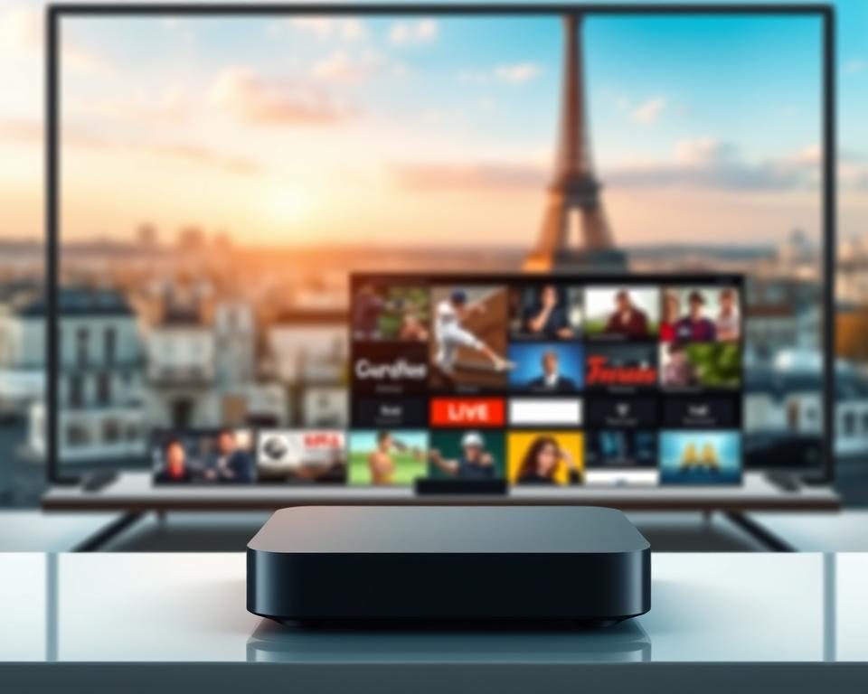 A high-quality digital illustration of a French IPTV provider's product offering. The foreground depicts a sleek, modern IPTV set-top box with a clean, minimalist design. The middle ground showcases various streaming content options, including popular TV channels, live sports, and on-demand movies, all displayed on a high-definition television screen. The background features a blurred cityscape of Paris, with the Eiffel Tower visible in the distance, conveying a sense of the provider's French origins. The overall composition exudes a professional, high-tech aesthetic, reflecting the sophistication and reliability of the IPTV service.
