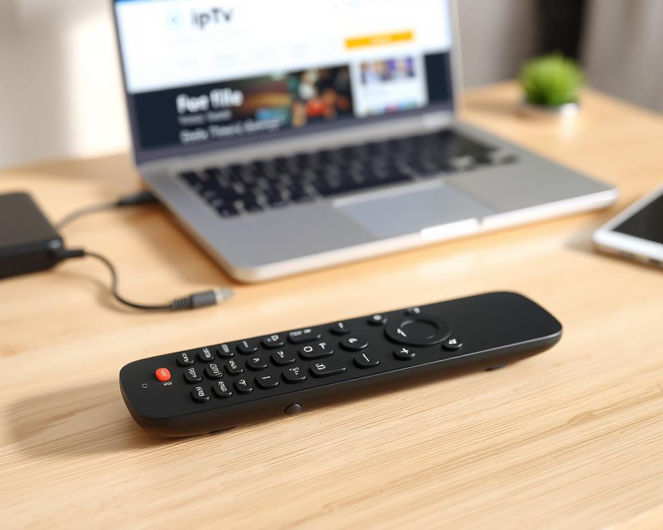 A high-quality image of a sleek, modern IPTV remote control on a minimalist desk setup. The remote is backlit and features a simple, intuitive layout with a smooth, matte black finish. The desk is made of light wood, with a laptop or tablet in the background displaying an IPTV subscription page. The lighting is soft and natural, creating a calm, professional atmosphere. The overall composition emphasizes the ease and convenience of setting up an IPTV service, reflecting the step-by-step guide for subscribing to an IPTV service in France.