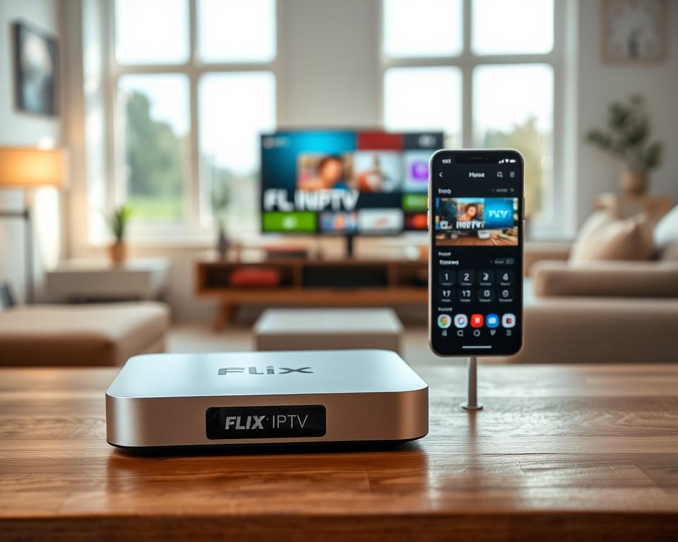 A high-quality, modern IPTV service called Flix IPTV. In the foreground, a sleek, silver IPTV box rests on a minimalist, wooden table. The box's interface displays a crisp, high-definition image of a popular TV show. In the middle ground, a smartphone shows the Flix IPTV app, with its clean, intuitive UI. The background features a cozy, well-lit living room, with large windows allowing natural light to flood the space. The overall scene conveys a sense of technological sophistication and seamless home entertainment, perfectly suited for the "technical prerequisites" section of the article.