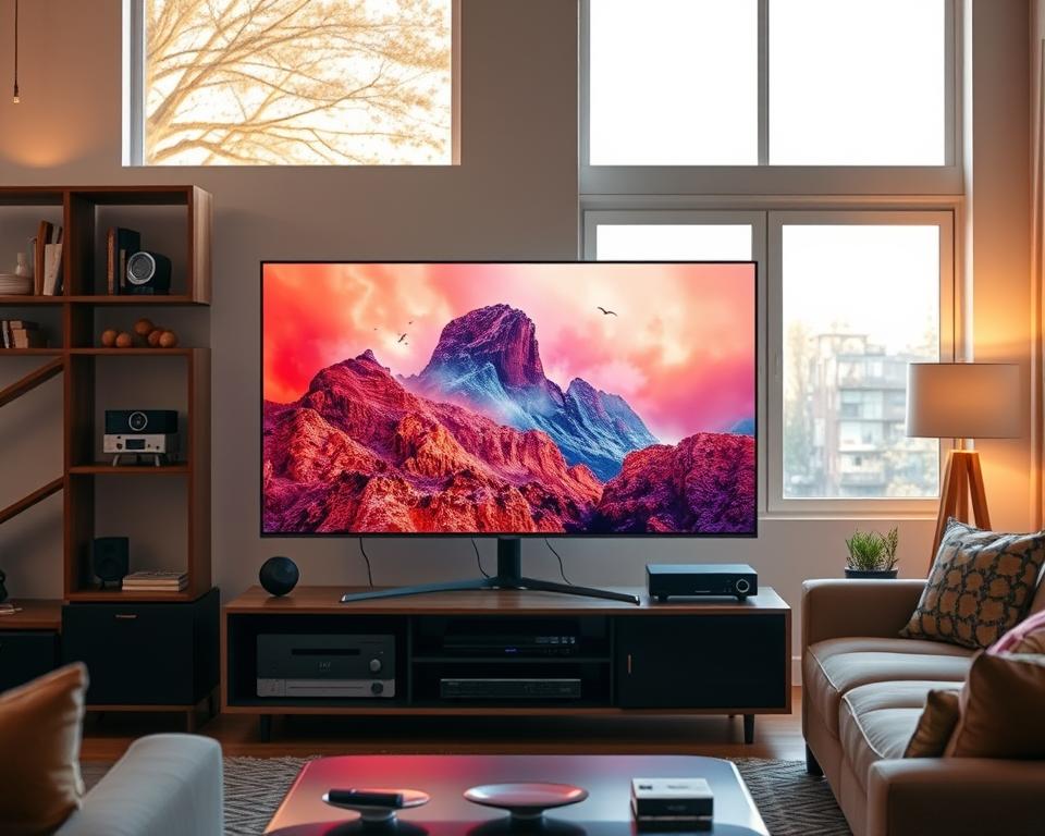 A high-quality streaming experience with vibrant visuals and smooth playback. In the foreground, a modern flat-screen television displaying a crisp, high-definition image. The screen is surrounded by sleek, minimalist home entertainment equipment in a neatly organized media cabinet. Warm, natural lighting filters in through large windows, creating a cozy, inviting atmosphere. In the middle ground, a comfortable living room setting with plush furniture and soft ambient lighting, evoking a sense of relaxation and enjoyment. The background features a clean, uncluttered space, emphasizing the focus on the entertainment setup and the quality of the streaming experience. A high-quality streaming experience with vibrant visuals and smooth playback. In the foreground, a modern flat-screen television displaying a crisp, high-definition image. The screen is surrounded by sleek, minimalist home entertainment equipment in a neatly organized media cabinet. Warm, natural lighting filters in through large windows, creating a cozy, inviting atmosphere. In the middle ground, a comfortable living room setting with plush furniture and soft ambient lighting, evoking a sense of relaxation and enjoyment. The background features a clean, uncluttered space, emphasizing the focus on the entertainment setup and the quality of the streaming experience.
