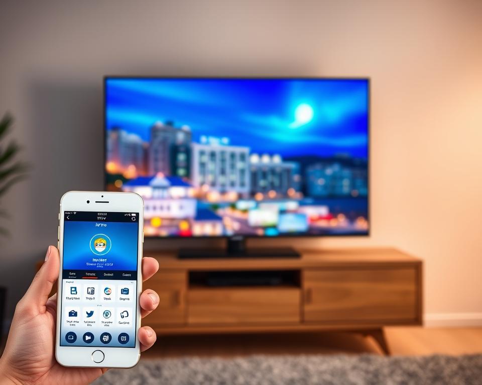 A high-resolution, digitally rendered image showcasing the IPTV King365 service. In the foreground, a sleek, modern television set displays a vibrant, crystal-clear image, representing the high-quality streaming capabilities of the IPTV platform. The television is placed on a minimalist, wooden media console, with a subtle, warm lighting scheme illuminating the scene. In the middle ground, a smartphone or tablet is prominently featured, displaying the IPTV King365 user interface, highlighting the intuitive, user-friendly design of the service. The background features a blurred, slightly out-of-focus cityscape, subtly suggesting the global reach and accessibility of the IPTV platform. The overall tone is one of sophistication, technology, and seamless integration, reflecting the power and convenience of the IPTV King365 service.