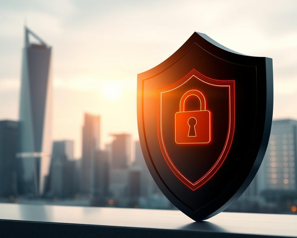 A high-security digital shield, protecting an IPTV connection, set against a backdrop of a sleek, modern city skyline. The shield is emblazoned with a lock icon, symbolizing the importance of safeguarding personal data and online activities. Soft, diffused lighting illuminates the scene, creating a sense of calm and reassurance. The composition emphasizes the shield's central role, with the cityscape providing a subtle, yet sophisticated, environment. The overall mood conveys a message of digital safety and privacy in the context of IPTV usage.