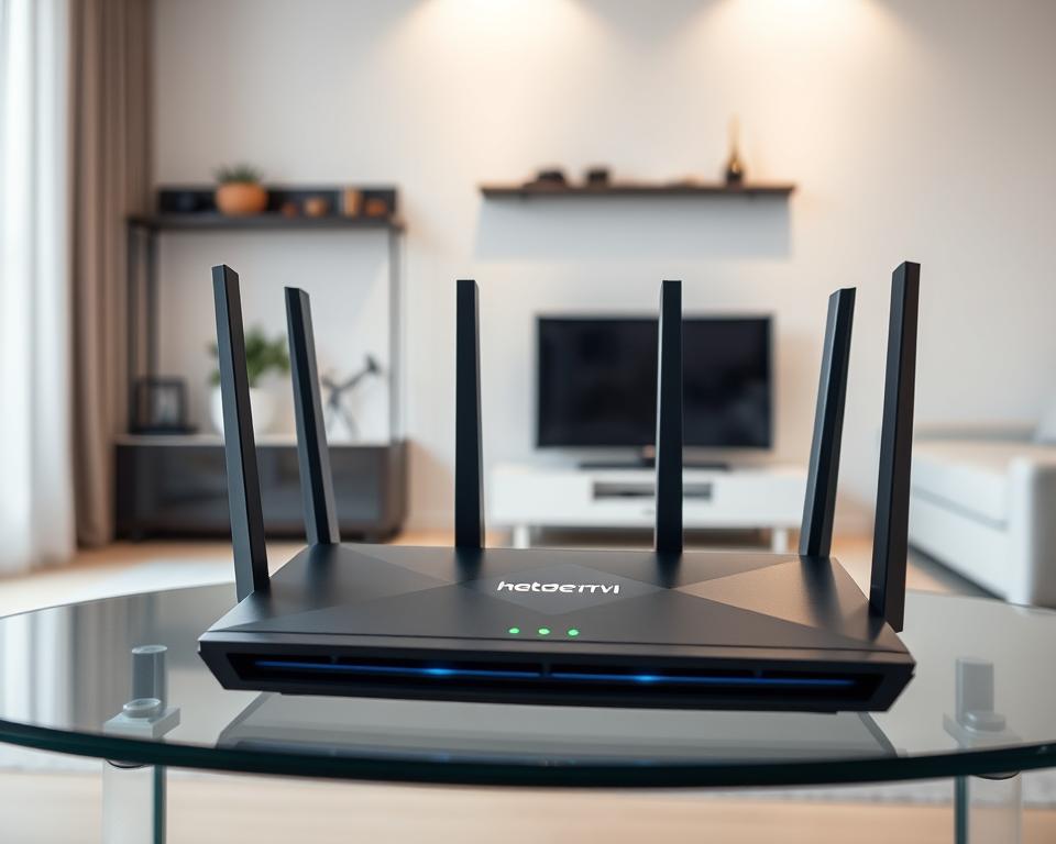 A high-speed internet connection for 4K IPTV, depicted as a sleek, modern router with glowing blue indicator lights, set against a backdrop of a minimalist, contemporary living room. The router is placed prominently on a glass-topped table, with clean lines and a neutral color palette creating a sense of sophistication and technological prowess. Soft, diffused lighting illuminates the scene, highlighting the router's contours and emphasizing its role as the centerpiece of the setup. The image conveys a sense of cutting-edge technology and digital connectivity, perfectly suited to illustrate the technical requirements for enjoying 4K IPTV in the French market.