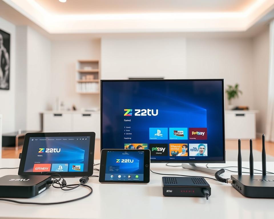 A high-tech installation setup showcasing the z2u IPTV service on various devices. In the foreground, a sleek smart TV displays the z2u interface, surrounded by a tablet, smartphone, and streaming box, all connected and ready to access the IPTV content. The middle ground features neatly arranged cables, routers, and modems, highlighting the technical integration. The background depicts a minimalist, well-lit home office environment, conveying a sense of modern, seamless home entertainment. Soft, diffused lighting illuminates the scene, creating a warm and inviting atmosphere for the viewer to imagine their own z2u IPTV setup. A high-tech installation setup showcasing the z2u IPTV service on various devices. In the foreground, a sleek smart TV displays the z2u interface, surrounded by a tablet, smartphone, and streaming box, all connected and ready to access the IPTV content. The middle ground features neatly arranged cables, routers, and modems, highlighting the technical integration. The background depicts a minimalist, well-lit home office environment, conveying a sense of modern, seamless home entertainment. Soft, diffused lighting illuminates the scene, creating a warm and inviting atmosphere for the viewer to imagine their own z2u IPTV setup.