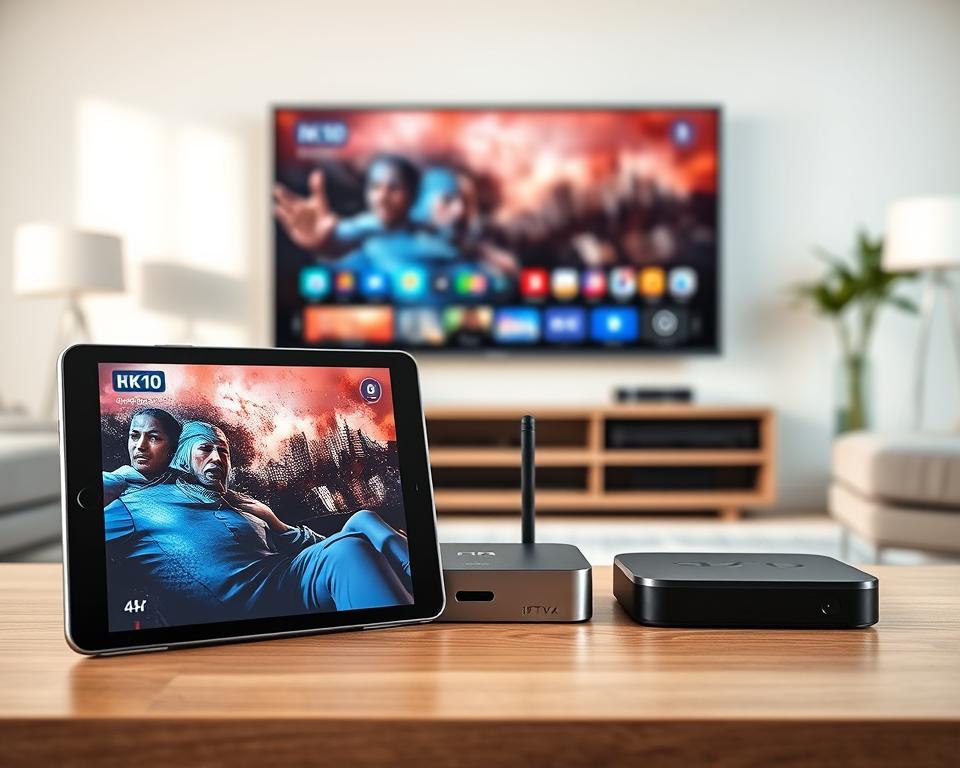 A high-tech scene depicting various mobile devices displaying IPTV4K content. In the foreground, a sleek smartphone and a modern tablet are propped up, their screens showing vivid 4K video. In the middle ground, a cutting-edge smart TV and a compact streaming box are neatly arranged, their minimalist designs complementing the scene. The background features a clean, well-lit interior with modern furnishings, suggesting a contemporary living space. The lighting is soft and natural, highlighting the devices' glossy surfaces and sharp lines. The overall composition conveys a sense of technological sophistication and the seamless integration of IPTV4K into a stylish, connected home environment.