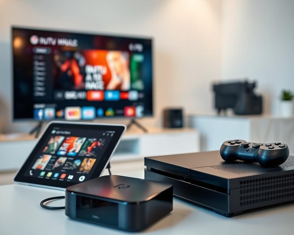 A high-tech setup featuring a variety of modern devices seamlessly connected through a robust IPTV link. In the foreground, a sleek smart TV, a tablet, and a smartphone display IPTV content in vivid detail. In the middle ground, a compact streaming box and a powerful gaming console demonstrate the versatility of the IPTV system. The background showcases a clean, minimalist home environment with subtle lighting, emphasizing the integration of technology into everyday living. The overall scene conveys a sense of effortless connectivity and the ability to access multimedia content across multiple platforms with the IPTV link.