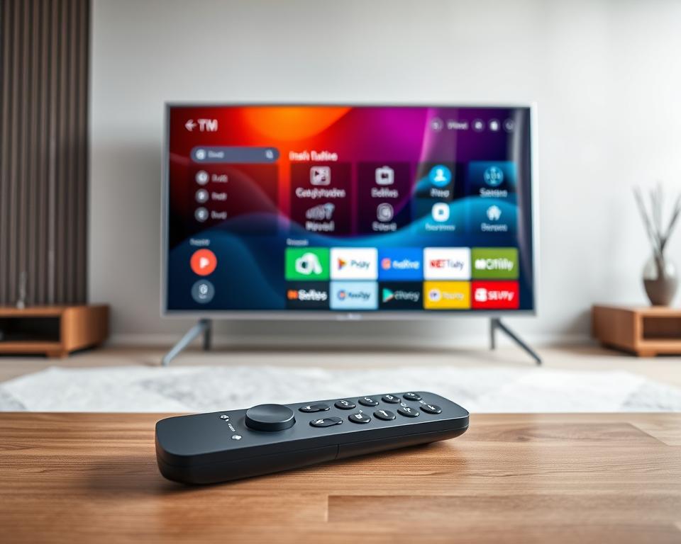 A meticulously crafted smart TV, its sleek glass and aluminum body gleaming under soft studio lighting. The screen displays a vibrant, customizable interface, showcasing intuitive menu options for seamless configuration. In the foreground, a modern remote control with tactile buttons and a precise D-pad rests on a minimalist wooden surface. The background features a muted, elegant living room setting, hinting at the smart TV's integration into a sophisticated home entertainment system.