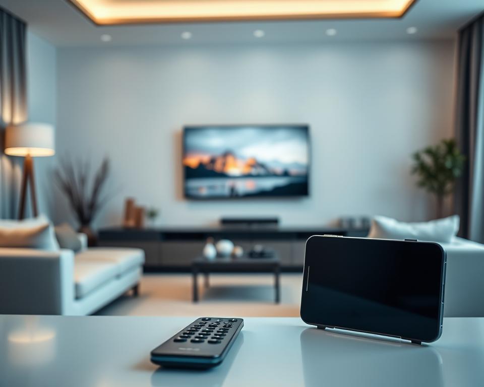 A minimalist but elegant home entertainment setup, featuring a high-quality IPTV service at its core. The image showcases a modern living room with a large, flat-screen TV mounted on the wall, surrounded by sleek, contemporary furniture. The lighting is soft and inviting, creating a cozy atmosphere. In the foreground, a remote control and a smart device, such as a smartphone or tablet, are prominently displayed, hinting at the seamless integration of technology. The background is slightly blurred, focusing the viewer's attention on the central elements of the scene - the TV and the devices used to access the IPTV service. The overall impression is one of sophistication, convenience, and the effortless enjoyment of premium media content.