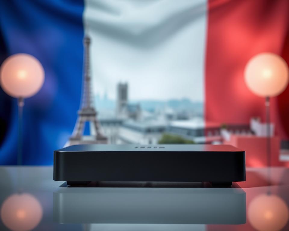 A modern IPTV box set against a backdrop of the French flag, showcasing the vibrant colors and iconic imagery associated with France. The device is prominently displayed in the foreground, with a sleek and minimalist design, conveying a sense of high-quality and user-friendly technology. The middle ground features a subtle, blurred cityscape of Paris, with iconic landmarks such as the Eiffel Tower and Notre-Dame Cathedral visible in the distance, providing a visual cue to the French origins of the IPTV service. The background is softly lit, creating a warm and inviting atmosphere, highlighting the seamless integration of French culture and modern entertainment technology.
