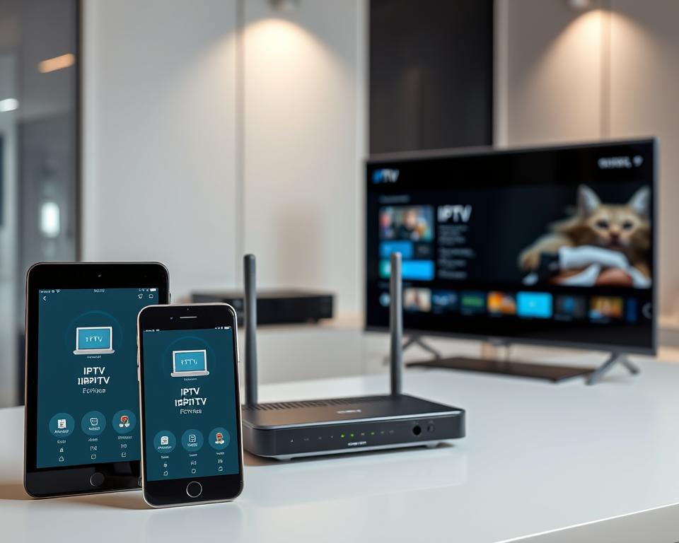 A modern and minimalist setup showcasing the configuration of IPTV on various devices. In the foreground, a smartphone, tablet, and smart TV display IPTV interfaces on their screens, highlighting the cross-platform compatibility. The middle ground features a router and network devices, alluding to the backend infrastructure required for IPTV. The background has a clean, technology-inspired ambiance with subtle metallic and glass accents, conveying a sense of elegance and professionalism. Soft, directional lighting emphasizes the sleek design of the devices, while a slightly muted color palette maintains a sophisticated and practical tone.