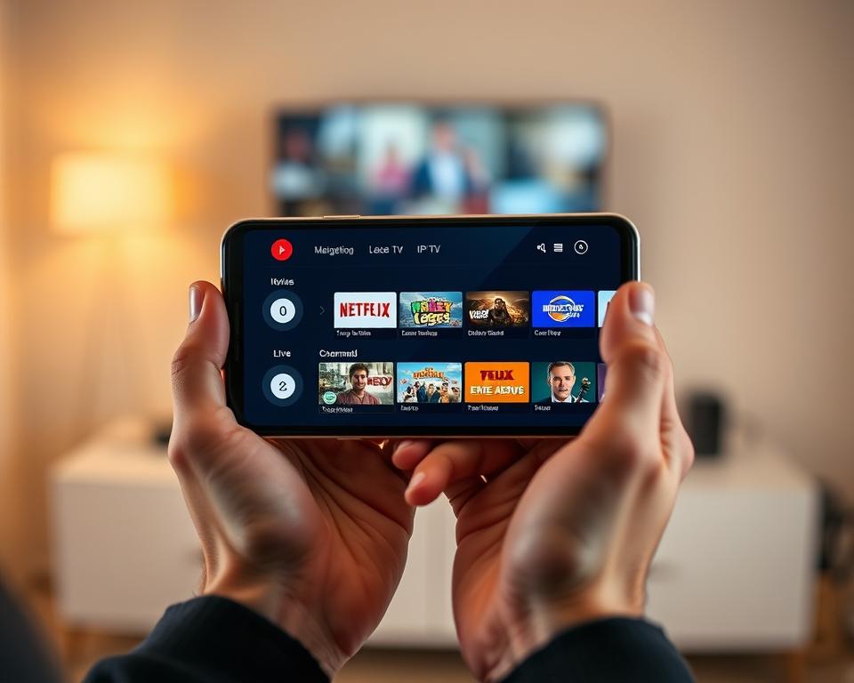 A modern, high-definition IPTV application displayed on a sleek, minimalist smartphone screen. The app's interface features a clean, streamlined layout with intuitive navigation menus and a vibrant selection of live TV channels and on-demand content. The screen is bathed in a warm, ambient lighting, creating a cozy, living room-like atmosphere. The device is held in the hands of a person, subtly suggesting the convenience and accessibility of IPTV streaming. The overall scene conveys the ease and enjoyment of using an IPTV service to watch television on the go.