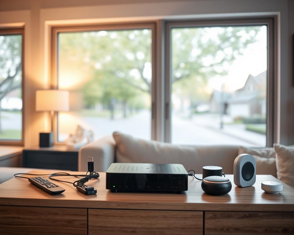 A modern home entertainment setup with a sleek black IPTV device prominently displayed on a clean, minimalist wooden TV stand. The device is surrounded by various streaming accessories like remote controls, cables, and a smart home assistant. Warm, indirect lighting creates a cozy, inviting atmosphere, while large windows in the background provide natural daylight and a view of a tree-lined suburban street. The overall scene conveys the convenience and integration of a high-quality IPTV service within a contemporary living space.
