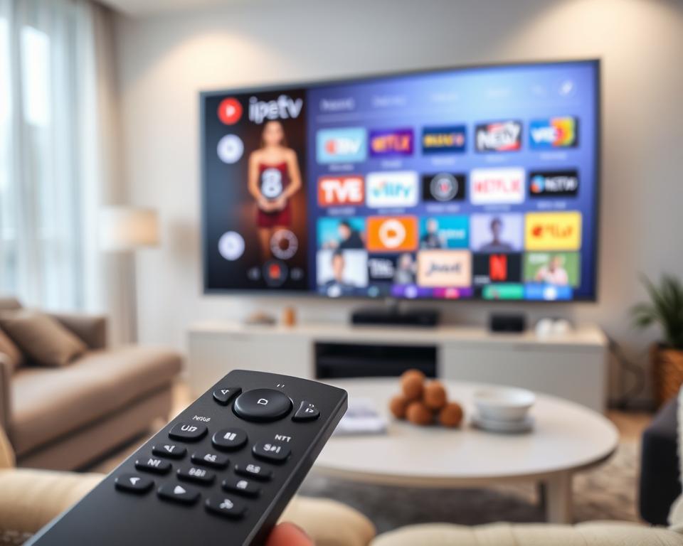 A modern home entertainment setup with an IPTV streaming interface displayed on a large screen television. The foreground features a sleek, minimalist remote control with intuitive buttons and a central directional pad. The middle ground showcases the TV screen, displaying a clean, user-friendly IPTV menu with various channel icons, categories, and a search function. The background depicts a cozy living room setting, with soft lighting, plush furnishings, and a sense of comfort and relaxation. The overall atmosphere conveys the ease and convenience of accessing a wide range of IPTV content from the comfort of one's own home.