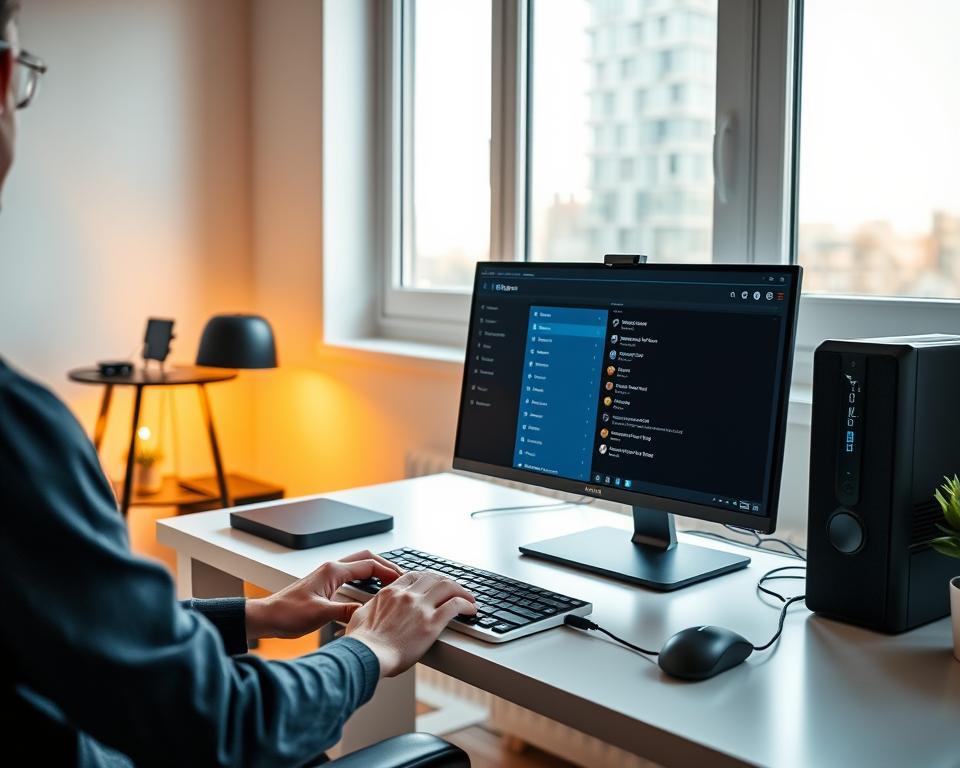 A modern home office setup with a desktop computer, monitor, keyboard, and mouse on a clean, minimalist desk. The desk is positioned in front of a large window, allowing natural light to flood the space. The user is interacting with the computer, their hands on the keyboard, as they configure an IPTV service, represented by an on-screen interface with various menus and settings. The room is well-lit, with warm, indirect lighting creating a calm, focused atmosphere. The overall scene conveys a sense of productivity and technical expertise in the process of setting up a home IPTV system.