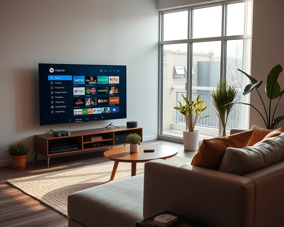 A modern living room setup showcasing a sleek smart TV connected to an IPTV service. The TV screen displays a menu interface with various channel options, while the surrounding furniture - a minimalist couch, a low wooden coffee table, and a few decorative plants - create a cozy, tech-savvy ambiance. Warm, natural lighting filters in through large windows, highlighting the clean lines and neutral color palette. The scene conveys the ease and convenience of accessing a diverse range of IPTV content on a compatible device in the comfort of one's home.