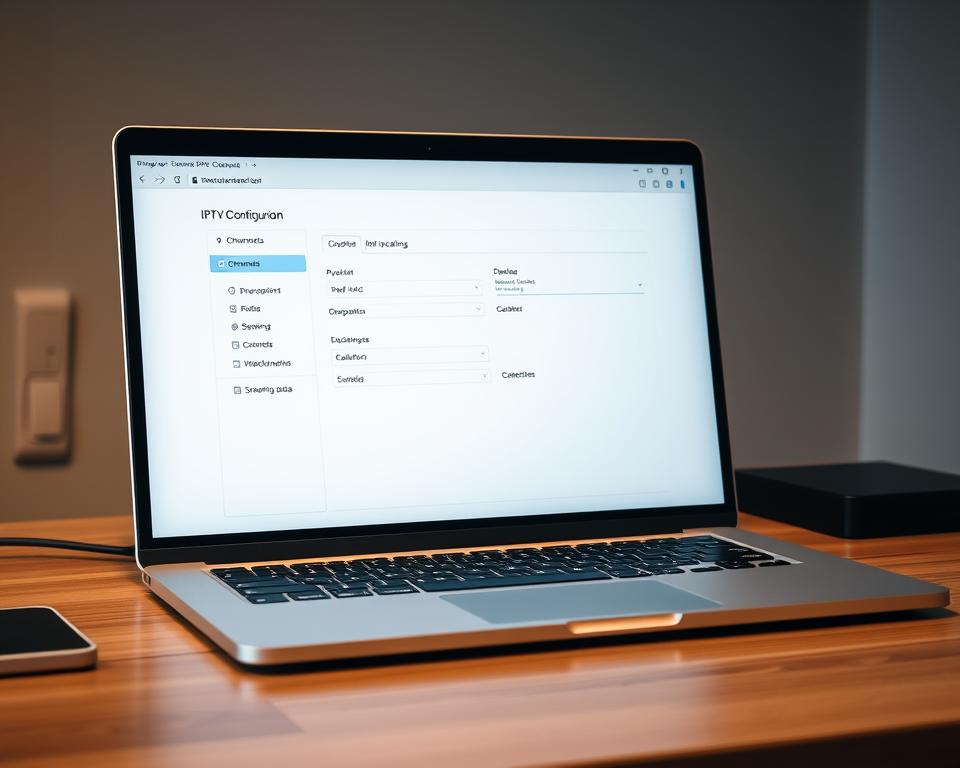 A modern, minimalist IPTV configuration interface displayed on a sleek, silver laptop. The screen shows a clean, intuitive dashboard with options to manage channels, adjust settings, and view streaming data. The laptop is positioned on a tidy, wood-grain desk, with a subtle warm lighting creating a professional, tech-forward atmosphere. The composition emphasizes simplicity and user-friendliness, conveying the ease of setting up and customizing an IPTV service.