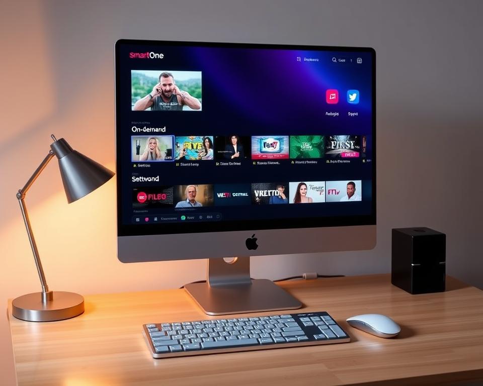A modern, minimalist desktop setup with a sleek, silver desktop computer and a high-resolution monitor displaying the SmartOne IPTV interface. The screen shows various live TV channels and on-demand content, with clean typography and intuitive navigation menus. The computer is positioned on a simple, uncluttered wooden desk, with a wireless keyboard and mouse arranged neatly. Warm, soft lighting from a desk lamp creates a comfortable, productive atmosphere. The overall scene conveys a sense of efficiency and seamless digital entertainment experience. A modern, minimalist desktop setup with a sleek, silver desktop computer and a high-resolution monitor displaying the SmartOne IPTV interface. The screen shows various live TV channels and on-demand content, with clean typography and intuitive navigation menus. The computer is positioned on a simple, uncluttered wooden desk, with a wireless keyboard and mouse arranged neatly. Warm, soft lighting from a desk lamp creates a comfortable, productive atmosphere. The overall scene conveys a sense of efficiency and seamless digital entertainment experience.