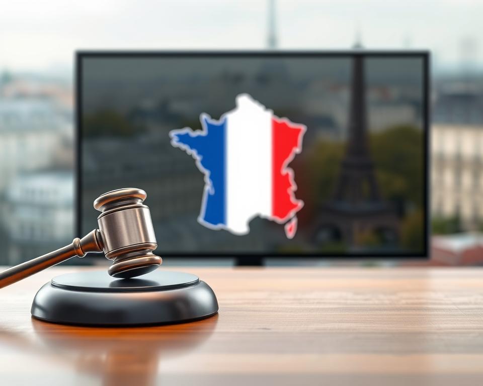 A modern, minimalist illustration depicting the legal framework surrounding IPTV in France. In the foreground, a sleek, silvery gavel rests on a polished wooden surface, symbolizing the judicial system. The middle ground features a abstract wireframe rendition of the French tricolor flag, representing the national legislative authority. In the background, a softly blurred cityscape of Paris provides a subtle contextual backdrop, hinting at the urban environment where these IPTV regulations are enforced. The overall scene conveys a sense of balance between technology, law, and national identity, set against a muted, professional color palette.