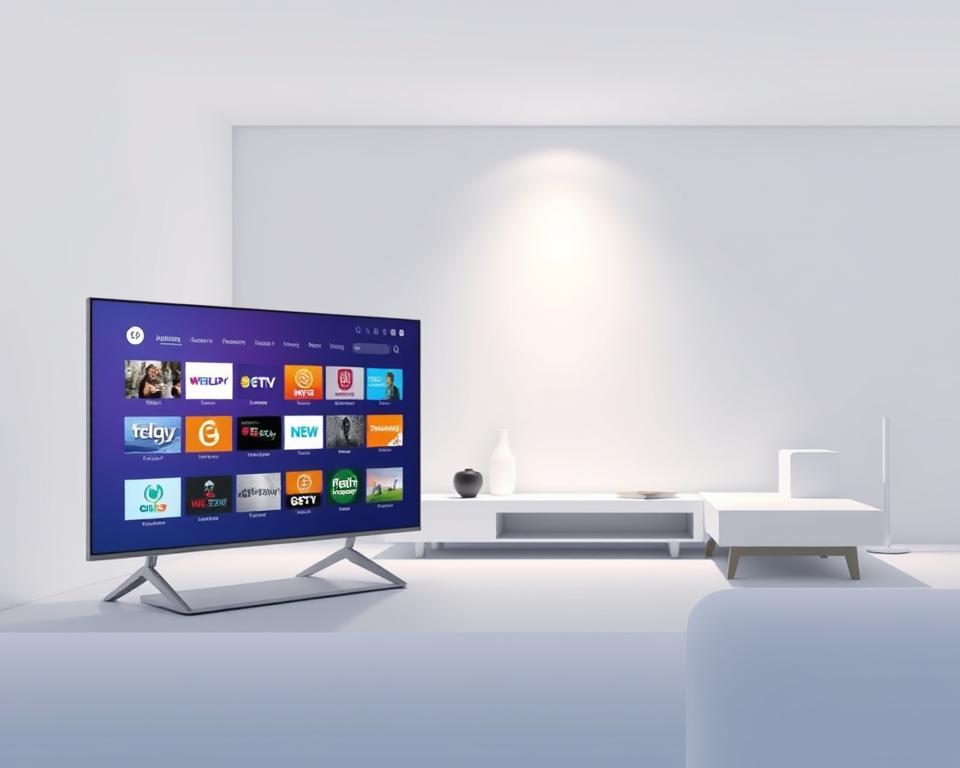 A modern, minimalist illustration showcasing a high-quality IPTV provider service. In the foreground, a sleek, high-tech interface displays a grid of popular TV channels and streaming content. The middle ground features a smart, internet-connected device, perhaps a set-top box or streaming dongle, conveying the ease of accessing the IPTV service. The background depicts a clean, minimalist living room setting, hinting at the seamless integration of the IPTV solution into the home entertainment setup. Soft, diffused lighting and muted color tones create a sophisticated, premium atmosphere, reflecting the essential criteria for choosing a reliable IPTV provider.