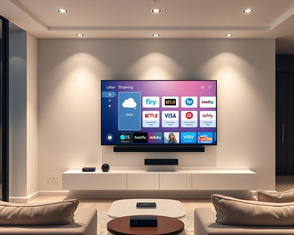 A modern, minimalist living room with a large flatscreen TV mounted on the wall. The TV screen displays a sleek, user-friendly interface showcasing various streaming service logos, highlighting the capabilities of an advanced internet-based television service. Soft, indirect lighting illuminates the space, creating a cozy, inviting atmosphere. The room features modern, clean-lined furniture in neutral tones, complementing the minimalist aesthetic. Subtle hints of technology, such as a streaming device or remote control, are present, seamlessly integrated into the design. The overall scene conveys a sense of convenience, accessibility, and the future of television entertainment. A modern, minimalist living room with a large flatscreen TV mounted on the wall. The TV screen displays a sleek, user-friendly interface showcasing various streaming service logos, highlighting the capabilities of an advanced internet-based television service. Soft, indirect lighting illuminates the space, creating a cozy, inviting atmosphere. The room features modern, clean-lined furniture in neutral tones, complementing the minimalist aesthetic. Subtle hints of technology, such as a streaming device or remote control, are present, seamlessly integrated into the design. The overall scene conveys a sense of convenience, accessibility, and the future of television entertainment.