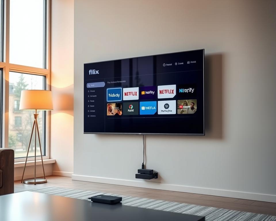 A modern, minimalist living room with a sleek, wall-mounted smart TV. The TV screen displays the flix IPTV interface, showcasing a clean, user-friendly design with intuitive navigation. Beside the TV, a compact streaming device is connected, blending seamlessly into the home decor. Warm, indirect lighting from a floor lamp creates a cozy ambiance, while large windows in the background let in natural sunlight, giving the scene a bright, airy feel. The overall composition emphasizes the ease of setting up and using flix IPTV on a smart TV, inviting the viewer to imagine themselves enjoying a seamless streaming experience in their own living space.
