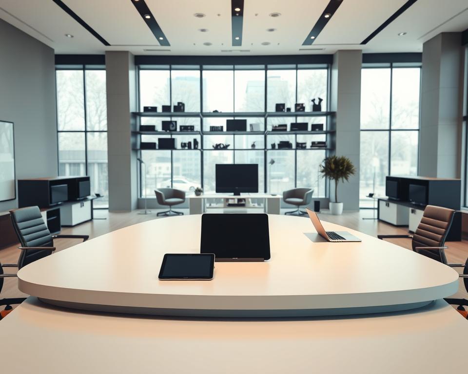 A modern, minimalist office interior with a large, curved desk in the foreground. On the desk, several tablets, smartphones, and a laptop display the IPTV service offerings. The middle ground features sleek, high-end office chairs and shelves with networking equipment. The background showcases floor-to-ceiling windows, allowing natural light to flood the space and create a warm, professional atmosphere. The lighting is soft and diffused, accentuating the clean lines and premium materials. The overall scene conveys a sense of sophistication, technology, and a focus on providing the best IPTV services.