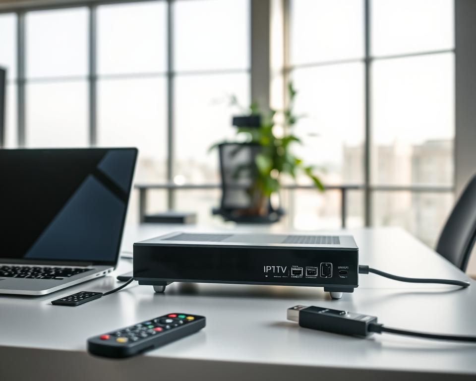A modern office interior with an IPTV setup on a sleek, minimalist desk. In the foreground, a laptop and a high-quality IPTV box with multiple ports and connections. Alongside, a remote control and some cable management accessories. The middle ground features an ergonomic office chair and a plant, creating a sense of professionalism and attention to detail. The background showcases large windows allowing natural light to fill the space, giving an airy and welcoming atmosphere. The lighting is soft and indirect, creating subtle shadows and highlights that accentuate the clean, contemporary design. The overall mood is one of efficiency, reliability, and a focus on quality IPTV services.