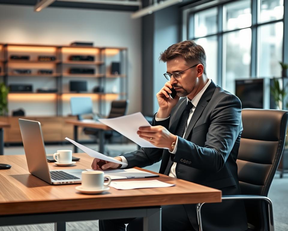 A modern, professional-looking office setting with a businessman sitting at a desk, negotiating a contract with an IPTV service provider. The foreground shows the businessman in a suit, intently reviewing documents and speaking on a phone. The middle ground features the desk with a laptop, papers, and a cup of coffee. The background has sleek office furniture, shelves with tech equipment, and large windows letting in natural light, conveying a sense of productivity and professionalism. The overall tone is one of a serious business transaction, with a subtle hint of tension as the negotiation takes place.