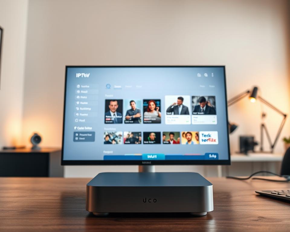 A modern, sleek IPTV OTT service interface presented on a minimalist desktop setup. In the foreground, a large flatscreen monitor displays a clean, user-friendly dashboard with intuitive controls and content categorization. The middle ground features an elegant, metal-framed device, likely a streaming box or smart TV, showcasing the service's capabilities. The background depicts a minimalist, well-lit office space with warm lighting, subtle textures, and hints of technology such as a keyboard, mouse, and other peripherals. The overall atmosphere conveys a sense of efficiency, accessibility, and the future of content consumption. A modern, sleek IPTV OTT service interface presented on a minimalist desktop setup. In the foreground, a large flatscreen monitor displays a clean, user-friendly dashboard with intuitive controls and content categorization. The middle ground features an elegant, metal-framed device, likely a streaming box or smart TV, showcasing the service's capabilities. The background depicts a minimalist, well-lit office space with warm lighting, subtle textures, and hints of technology such as a keyboard, mouse, and other peripherals. The overall atmosphere conveys a sense of efficiency, accessibility, and the future of content consumption.